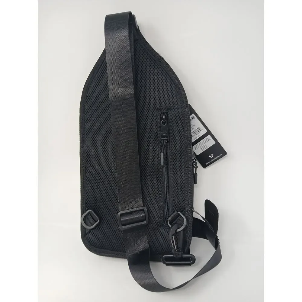 True Religion Black Crossbody Bag Men Zip Outer Pockets Guitar Character
